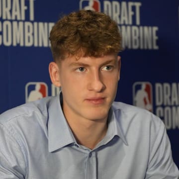May 14, 2025; Chicago, Il, USA; Kasparas Jakucionis talks to the media during the 2025 NBA Draft Combine at Marriott Marquis Chicago. Mandatory Credit: David Banks-Imagn Images