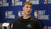 Duke forward Cooper Flagg talks to the media during the 2025 NBA Draft Combine.