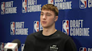 May 14, 2025; Chicago, Il, USA; Cooper Flagg talks to the media during the 2025 NBA Draft Combine at Marriott Marquis Chicago. Mandatory Credit: David Banks-Imagn Images