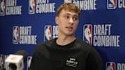 Cooper Flagg talks to the media during the 2025 NBA Draft Combine.