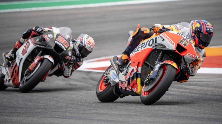 Apr 14, 2023; Austin, TX, USA; Sefan Bradl (6) of Germany and Repsol Honda Team and Takaaki Nakagami (30) of Japan and LCR Honda Idemitsu round turn 15 during the MotoGP first free practice at Circuit of the Americas. Mandatory Credit: Dustin Safranek-USA TODAY Sports