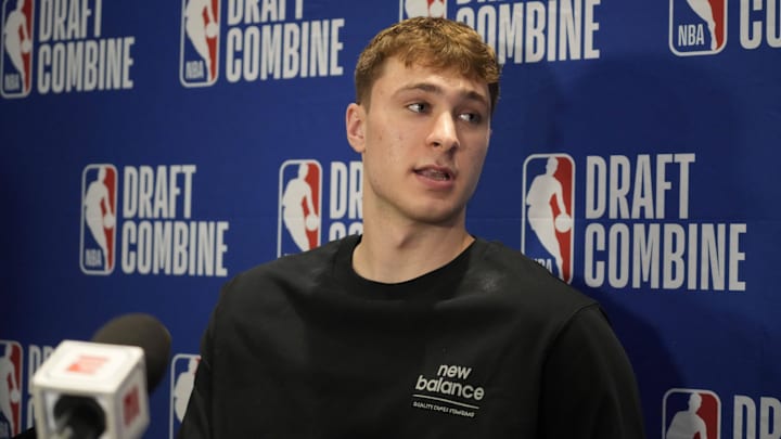 Cooper Flagg talks to the media during the 2025 NBA Draft Combine. Cooper Flagg talks to the media during the 2025 NBA Draft Combine.