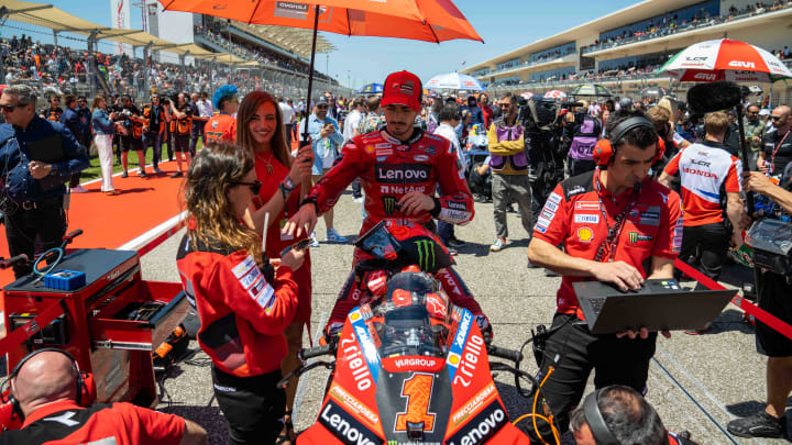 Apr 16, 2023; Austin, TX, USA; Francesco Bagnaia (1) of Italy and Ducati Lenovo Team prepares to race at the starting grid during the MotoGP Red Bull Grand Prix of the Americas on April 16, 2023, at Circuit of The Americas in Austin, Texas. Mandatory Credit: Dustin Safranek-USA TODAY Sports