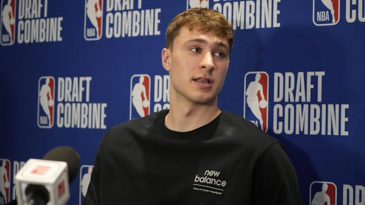 Presumptive number one pick Cooper Flagg talks to the media during the 2025 NBA Draft Combine at Marriott Marquis Chicago Presumptive number one pick Cooper Flagg talks to the media during the 2025 NBA Draft Combine at Marriott Marquis Chicago