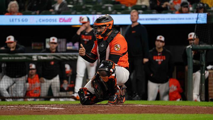 Sep 21, 2026; Baltimore, Maryland, USA;  Baltimore Orioles catcher Samuel Basallo (29) gives a thumbs up after being hit by a foul ball during the second inning at Oriole Park at Camden Yards.  Mandatory Credit: Jamie LeBlanc-Imagn Images