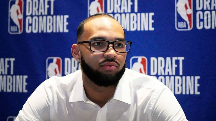 Johni Broome talks to the media during the 2025 NBA Draft Combine at Marriott Marquis Chicago. 