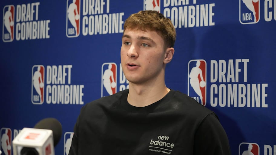 Cooper Flagg talks to the media during the 2025 NBA Draft Combine. | David Banks-Imagn Images