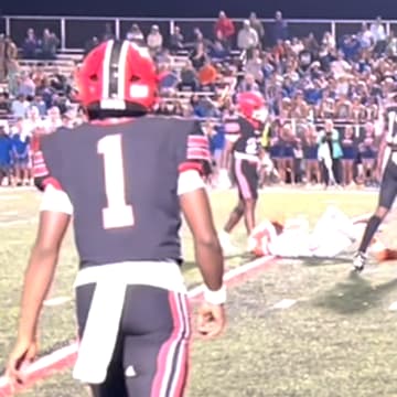 Brandon (MS) defensive back Keviyun McQueen (2) walks away after delivering a devastating hit against Madison Central in the Bulldogs' 21-7 win over their cross-town rivals on Friday, Sept. 6 at Brandon, Miss.