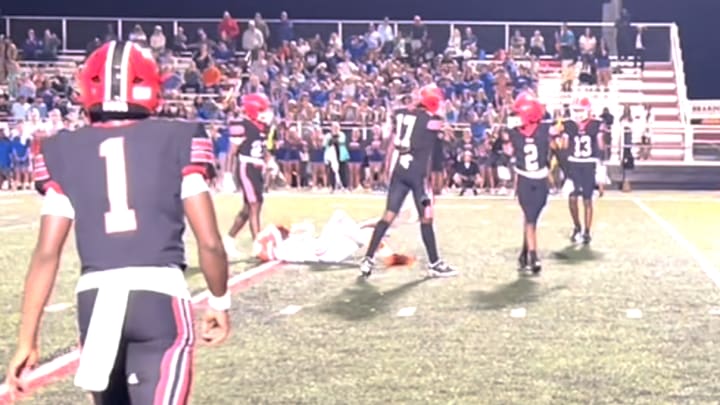 Brandon (MS) defensive back Keviyun McQueen (2) walks away after delivering a devastating hit against Madison Central in the Bulldogs' 21-7 win over their cross-town rivals on Friday, Sept. 6 at Brandon, Miss.