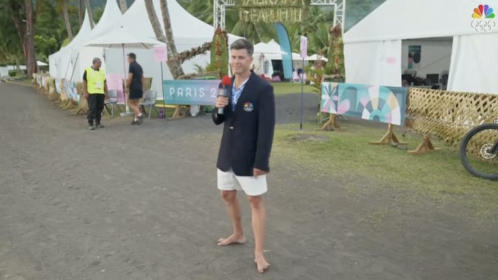 Colin Jost is having some fun covering the Paris Olympics surfing competition in Tahiti. 