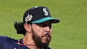American League pitcher Andres Munoz (75) of the Seattle Mariners pitches during the eighth inning during the 2025 MLB All Star Game at Truist Park on July 15.