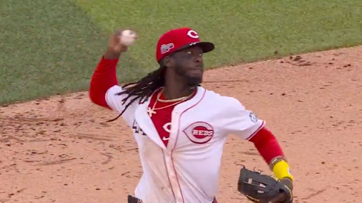 Elly De La Cruz unleashed a perfect throw in Sunday's loss to the Braves. Elly De La Cruz unleashed a perfect throw in Sunday's loss to the Braves.