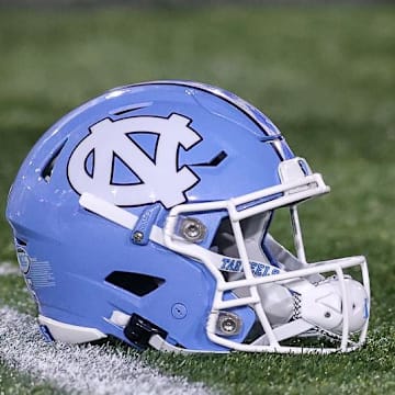 Oct 28, 2023; Atlanta, Georgia, USA; A detailed view of a North Carolina Tar Heels helmet on the field before a game against the Georgia Tech Yellow Jackets at Bobby Dodd Stadium at Hyundai Field. Mandatory Credit: Brett Davis-Imagn Images