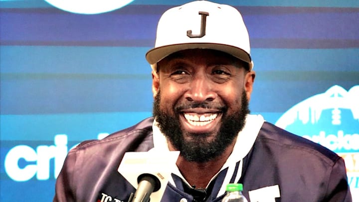 Jackson State head football coach TC Taylor in his Celebration Bowl postgame interview.  December 14, 2024;  Mercedes-Benz Stadium.  