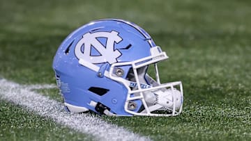 Oct 28, 2023; Atlanta, Georgia, USA; A detailed view of a North Carolina Tar Heels helmet on the field before a game against the Georgia Tech Yellow Jackets at Bobby Dodd Stadium at Hyundai Field. Mandatory Credit: Brett Davis-Imagn Images
