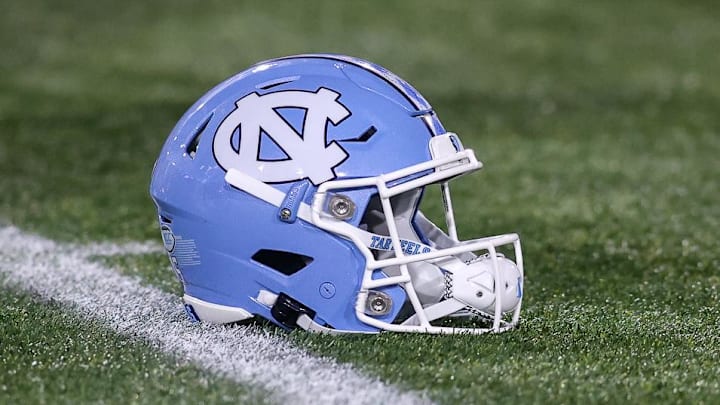 Oct 28, 2023; Atlanta, Georgia, USA; A detailed view of a North Carolina Tar Heels helmet on the field before a game against the Georgia Tech Yellow Jackets at Bobby Dodd Stadium at Hyundai Field. Mandatory Credit: Brett Davis-Imagn Images