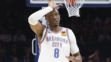 Oct 9, 2024; Oklahoma City, Oklahoma, USA; Oklahoma City Thunder forward Jalen Williams (8) gestures after scoring a basket against the Houston Rockets during the first quarter at Paycom Center. Mandatory Credit: Alonzo Adams-Imagn Images