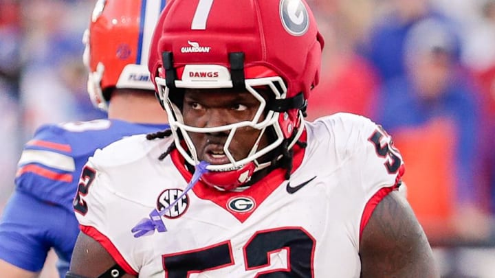 Nov 1, 2025; Jacksonville, Florida, USA; Georgia Bulldogs defensive lineman Christen Miller (52) reacts after making a tackle against the Florida Gators at EverBank Stadium. Mandatory Credit: Travis Register-Imagn Images