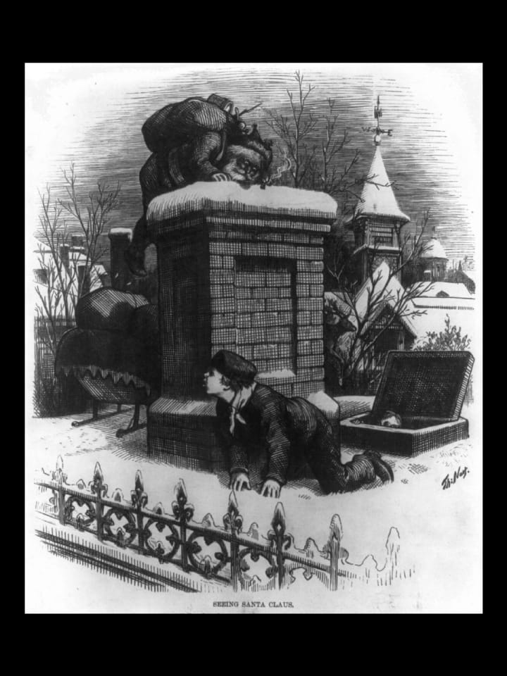 an 1876 thomas nast harper's weekly illustration of children seeing santa enter a chimney