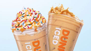 Dunkin' Vanilla Frosted Donut Iced Signature Latte & Blueberry Donut Swirl Iced Coffee