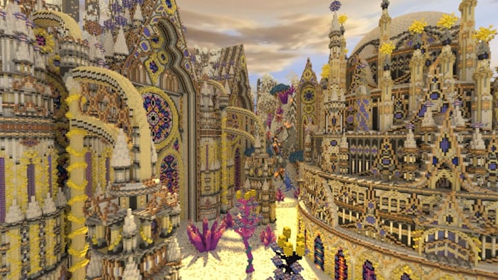 A massive citadel made of sandstone and colored blocks in Minecraft.