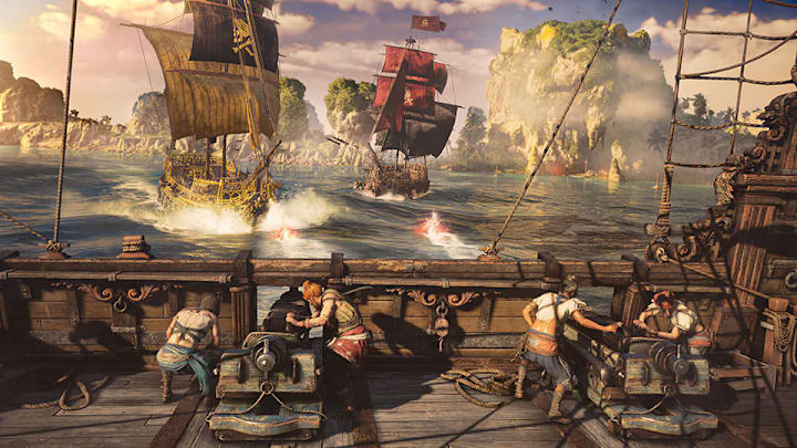 The crew of a ship loading cannons as two other ships fight in the distance.