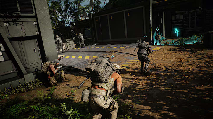 Men in military gear sneaking into a facility.