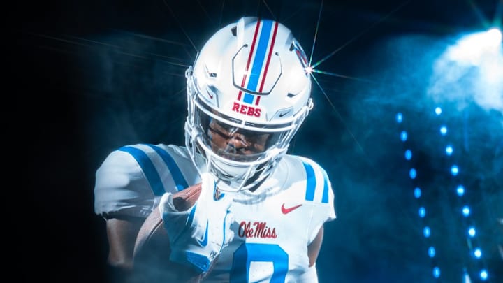 Ole Miss wide receiver Tre Harris in Ole Miss' new road uniforms