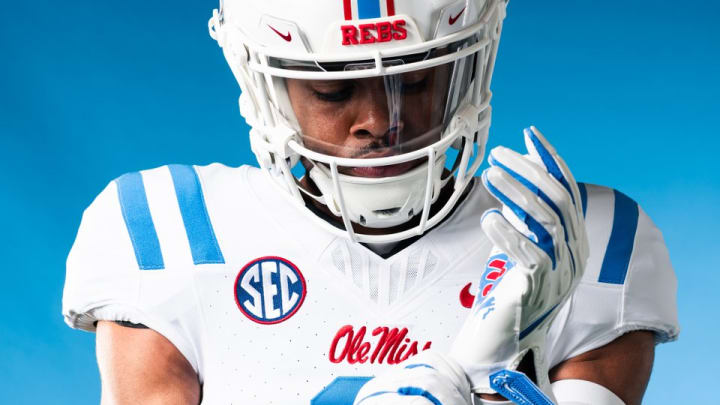Ole Miss wide receiver Tre Harris in Ole Miss' new road uniforms