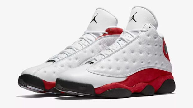 White and red Air Jordan sneakers.