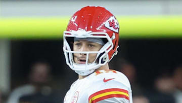 Nov 27, 2025; Arlington, Texas, USA; Kansas City Chiefs quarterback Patrick Mahomes (15) looks to pass the ball against the Dallas Cowboys during the second quarter at AT&T Stadium. Mandatory Credit: Kevin Jairaj-Imagn Images