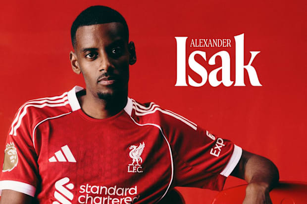 Alexander Isak posing in Liverpool kit.