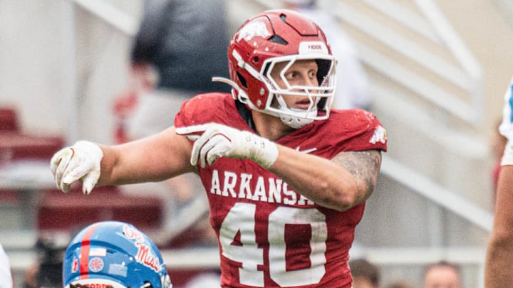 Arkansas Razorbacks defensive lineman Landon Jackson trying to get position before snap against the Ole Miss Rebels at Razorback Stadium in Fayetteville, Ark. Arkansas Razorbacks defensive lineman Landon Jackson trying to get position before snap against the Ole Miss Rebels at Razorback Stadium in Fayetteville, Ark.