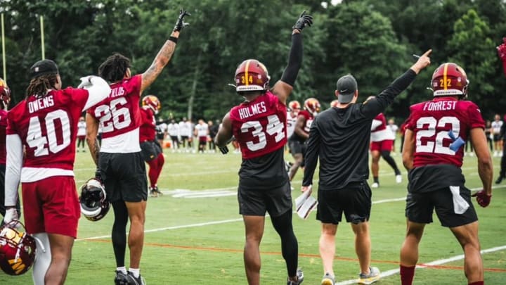 Washington Commanders defensive backs (left to right) Tyler Owens, Tariq Castro-Fields, Christian Holmes, and Darrick Forrest.