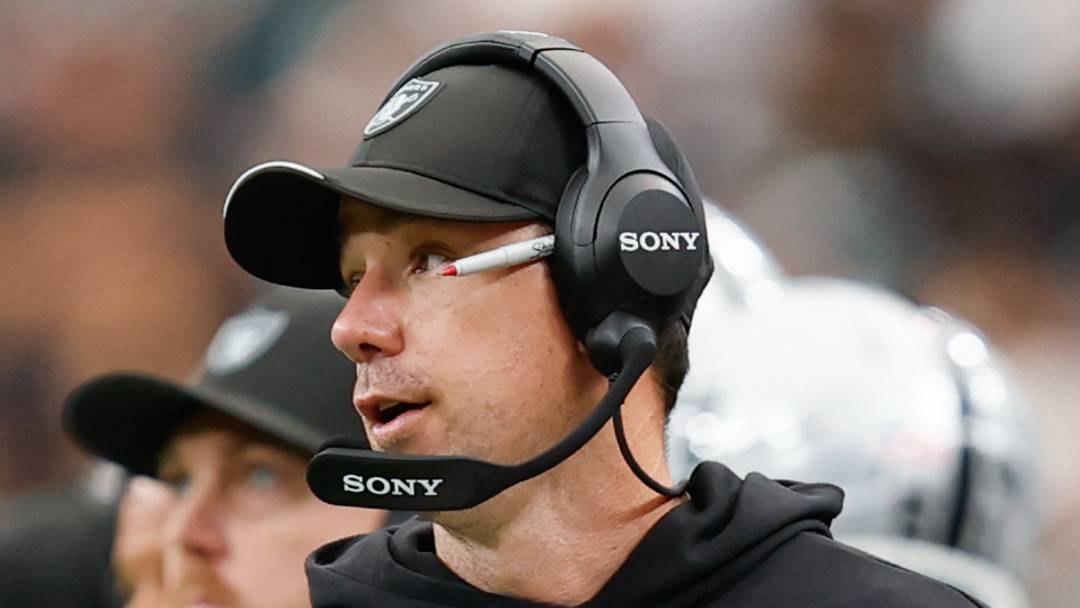Sep 13, 2026; Paradise, Nevada, USA; Las Vegas Raiders head coach Klint Kubiak watches from the sideline during the game against the Miami Dolphins at Allegiant Stadium. Mandatory Credit: David Brytus-Imagn Images.