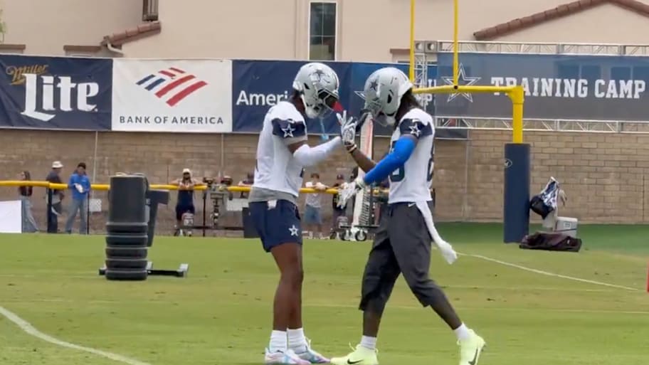 Dallas Cowboys wide receivers CeeDee Lamb and George Pickens were already making plays on the first day of training camp. | Screenshot via Jon Machota on X