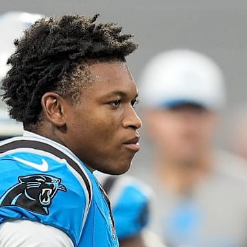 Aug 2, 2025; Charlottle, NC, USA; Carolina Panthers wide receiver Jimmy Horn Jr. (15) during Fanfest at Bank of America Stadium. Mandatory Credit: Jim Dedmon-Imagn Images