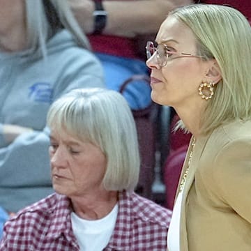 Arkansas Razorbacks coach Kelsi Musick on the sidelines during game against Southeastern Louisiana at Bud Walton Arena in Fayetteville, Ark.