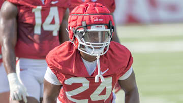 Arkansas Razorbacks linebacker Andrew Harris during practices on the outdoor fields in Fayetteville, Ark.