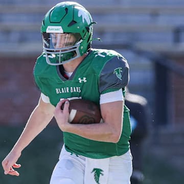 Blair Oaks quarterback Tyler Bax led the Falcons to the Class 3 championship last year in Columbia. 