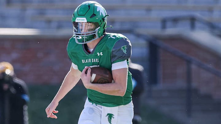 Blair Oaks quarterback Tyler Bax led the Falcons to the Class 3 championship last year in Columbia. 