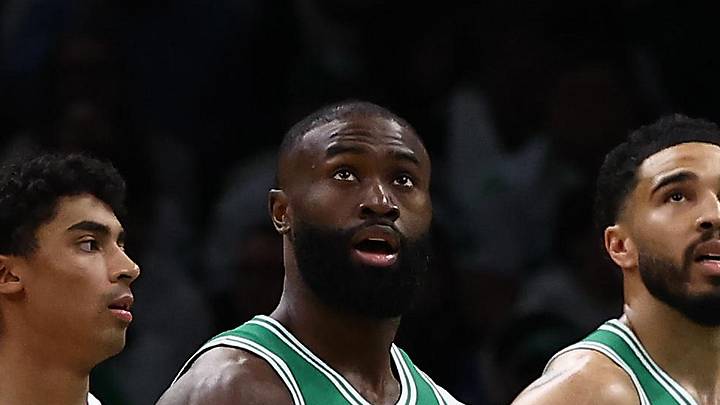 Mar 6, 2026; Boston, Massachusetts, USA; Boston Celtics guard Jaylen Brown (7) and forward Jayson Tatum (0) watch the Jumbotron during the second quarter against the Dallas Mavericks at TD Garden. Mandatory Credit: Winslow Townson-Imagn Images