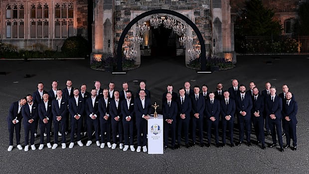 Team USA and Team Europe are seen at the Ryder Cup Gala on Tuesday night. 