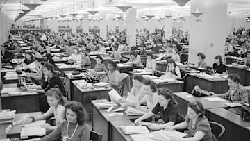 Clerical workers processing forms for production requirement plan, Priorities Division, War Production Board. 