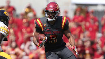 Sep 9, 2017; Ames, IA, USA; Iowa State Cyclones wide receiver Allen Lazard (5) carries the ball against Iowa Hawkeyes defensive back Miles Taylor (19) at Jack Trice Stadium. The Hawkeyes won 44-41 in overtime. Mandatory Credit: Reese Strickland-Imagn Images