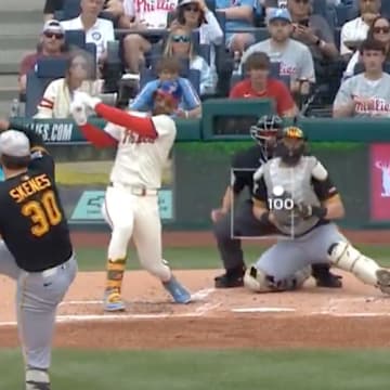Pittsburgh Pirates pitcher Paul Skenes strikes out Bryce Harper with a 100 mph fastball. 