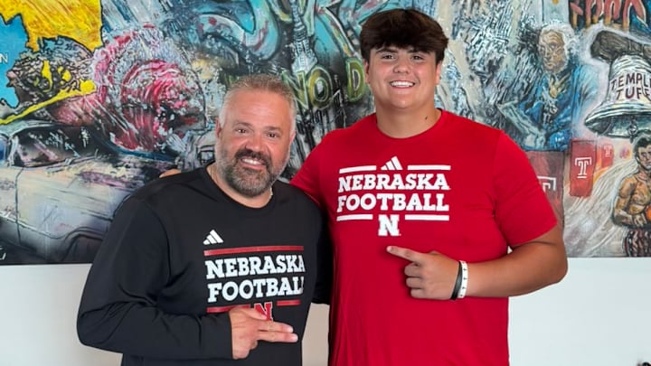 Nebraska head coach Matt Rhule with 2026 offensive tackle prospect Hayden Ainsworth. Nebraska head coach Matt Rhule with 2026 offensive tackle prospect Hayden Ainsworth.
