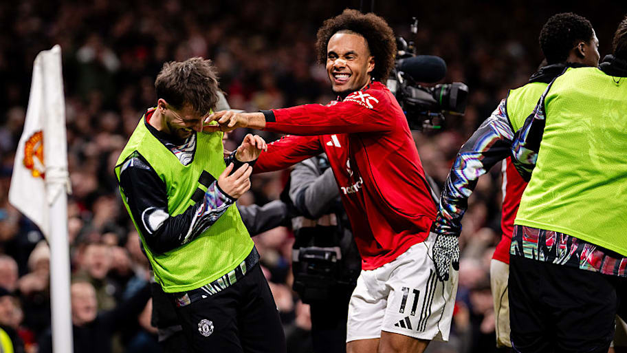Joshua Zirkzee celebrates at Old Trafford.