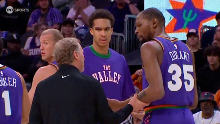 Kevin Durant and Suns coach Mike Budenholzer had what looked like a heated exchange during Tuesday night's win. Kevin Durant and Suns coach Mike Budenholzer had what looked like a heated exchange during Tuesday night's win.