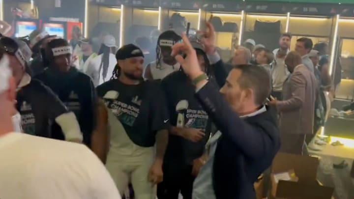 Philadelphia Eagles GM Howie Roseman celebrates the Super Bowl LIX victory in the locker room.